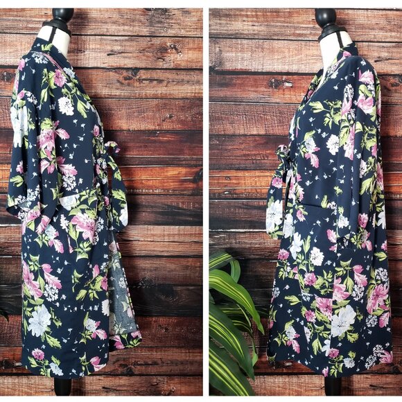 Banana Republic Kimono Robe One Size Tie Front Pockets Navy Floral Cotton Rayon - Picture 2 of 9